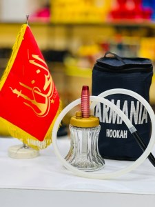 ست قلیان مسافرتی بدنه طلایی قرمز شیشه شفاف کد MOS105