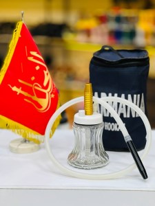 ست قلیان مسافرتی بدنه سفید طلایی شیشه شفاف کد MOS106