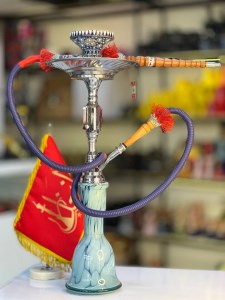 ست کامل قلیان برنجی آبکاری شیشه آبی کد 1000