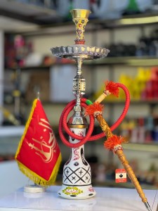 ست کامل قلیان برنجی آبکاری قلم کاری شیشه سه پوز کد 1002