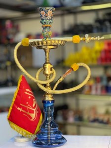 ست کامل قلیان برنجی آبکاری شیشه آبی کد 1003