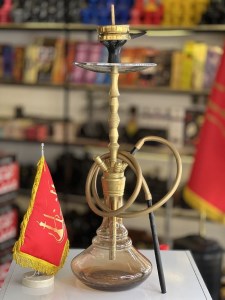 ست قلیان سزار دو شیلنگ سوپاپ دار بدنه طلایی شیشه قهوه ای کد SE110