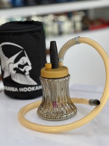 ست قلیان مسافرتی بدنه زرد میانه مشکی شیشه ابروبادی عسلی کد MOS107