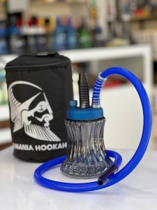 ست قلیان مسافرتی بدنه آبی میانه مشکی شیشه ابروبادی دودی کد MOS108