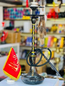 ست قلیان استار باز بدنه تمام سوپاپ مشکی طلایی شیره گیر دار شیشه شب تاب کد ST172