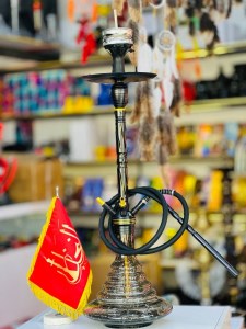 ست قلیان استار باز بدنه تمام سوپاپ مشکی طلایی چهار شیلنگ شیره گیر دار شیشه شب تاب ST174