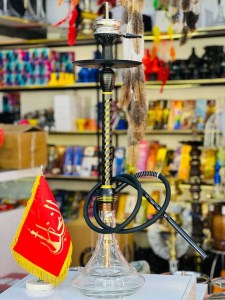 ست قلیان استار باز بدنه تمام سوپاپ شیره گیر دار مشکی طلایی شیشه ساده ST175