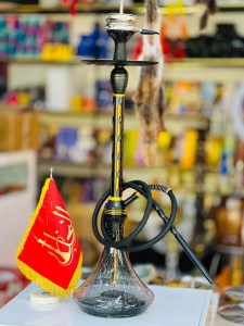 ست قلیان استار باز بدنه مشکی طلایی شیره گیر دار تمام سوپاپ شیشه شب تاب کد ST177