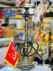 ست قلیان استار باز بدنه مشکی طلایی شیره گیر دار تمام سوپاپ شیشه شب تاب کد ST181