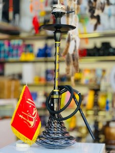 ست قلیان استار باز بدنه مشکی طلایی تمام سوپاپ شیره گیر دار شیشه ابر و بادی کد ST183