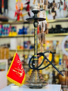 ست قلیان استار باز بدنه مشکی طلایی تمام سوپاپ شیره گیر دار شیشه شب تاب کد ST185