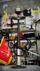 ست قلیان استیل طرح بیس بال روکش چوب داخل استیل بدنه مشکی نقره ای