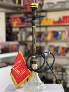 ست قلیان استارباز بدنه تمام سوپاپ استیل مشکی طلایی شیره گیر دار شیشه شفاف شب تاب کد ST223