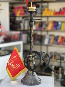 ست قلیان استارباز بدنه تمام سوپاپ استیل مشکی طلایی شیره گیر دار شیشه کریستال دودی شب تاب کد ST225