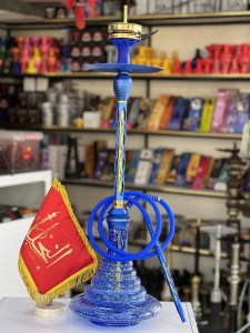 ست قلیان استارباز بدنه تمام سوپاپ استیل آبی طلایی شیره گیر دار شیشه آبی شب تاب کد ST234