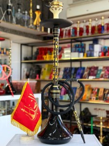 ست قلیان مستر لوکس بزرگ بدنه استیل مشکی طلایی شیره گیر دار شیشه شب تاب مشکی کد ML113