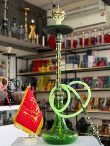 ست قلیان مستر لوکس بزرگ بدنه استیل سبز طلایی شیره گیر دار شیشه شب تاب سبز کد ML114