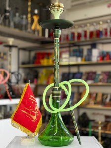 ست قلیان مستر لوکس بزرگ بدنه استیل سبز طلایی شیره گیر دار شیشه شب تاب سبز کد ML115