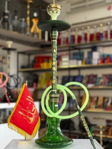 ست قلیان مستر لوکس بزرگ بدنه استیل سبز طلایی شیره گیر دار شیشه شب تاب سبز کد ML116