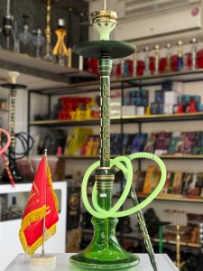 ست قلیان مستر لوکس بزرگ بدنه استیل سبز طلایی شیره گیر دار شیشه شب تاب سبز کد ML117