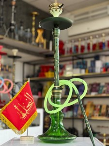 ست قلیان مستر لوکس بزرگ بدنه استیل سبز طلایی شیره گیر دار شیشه شب تاب سبز کد ML118