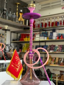 ست قلیان مستر لوکس بزرگ بدنه استیل بنفش طلایی شیره گیر دار شیشه شب تاب بنفش کد ML119