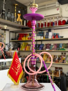 ست قلیان مستر لوکس بزرگ بدنه استیل بنفش طلایی شیره گیر دار شیشه شب تاب بنفش کد ML120