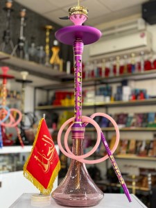 ست قلیان مستر لوکس بزرگ بدنه استیل بنفش طلایی شیره گیر دار شیشه شب تاب بنفش کد ML121