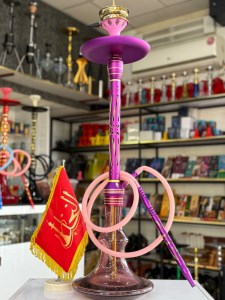 ست قلیان مستر لوکس بزرگ بدنه استیل بنفش طلایی شیره گیر دار شیشه شب تاب بنفش کد ML122