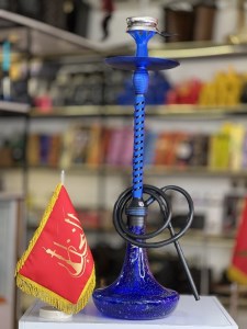 ست قلیان لاین کینگ بدنه تمام شیار سوپاپ دار شیره گیر دار آبی شیشه شبرنگ آبی کد LA128