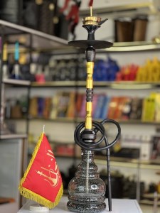 ست قلیان لاین کینگ بدنه استیل شیره گیر دار طلایی مشکی شیشه شبرنگ دودی کد LA129