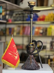 ست قلیان لاین کینگ بدنه تمام شیار سوپاپ دار مشکی طلایی شیشه کریستال دودی کد LA130