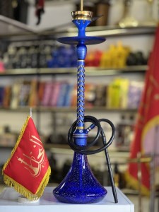 ست قلیان لاین کینگ بدنه تمام شیار سوپاپ دار شیره گیر دار آبی شیشه شبرنگ آبی کد LA135