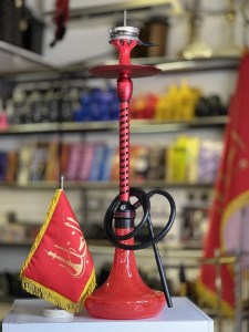 ست قلیان لاین کینگ بدنه تمام شیار سوپاپ دار شیره گیر دار قرمزمشکی شیشه شبرنگ قرمز کد LA136