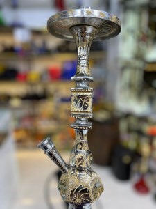 بدنه (تنه) برنجی قلیان تک مکعب آبکاری قلم زنی 30 سانتی کد BE143